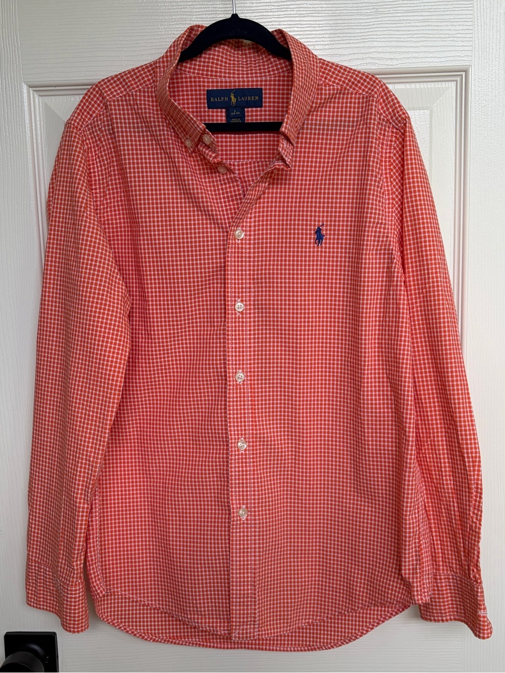 Ralph Lauren Boys L Cotton Poplin Shirt Orange White Gingham Button Down Preppy